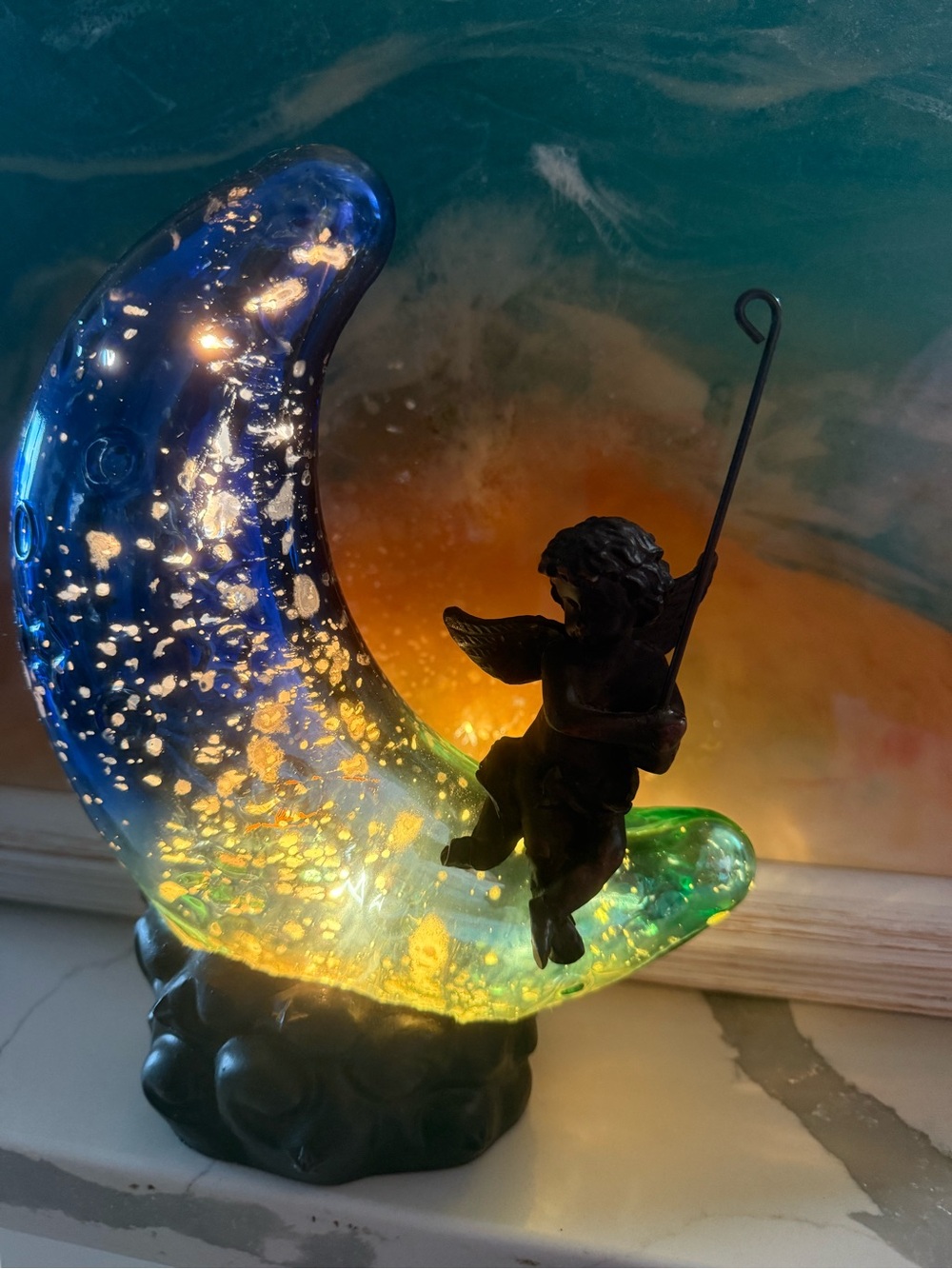 Glass Crescent Moon Lamp with Cherub - Blue & Green